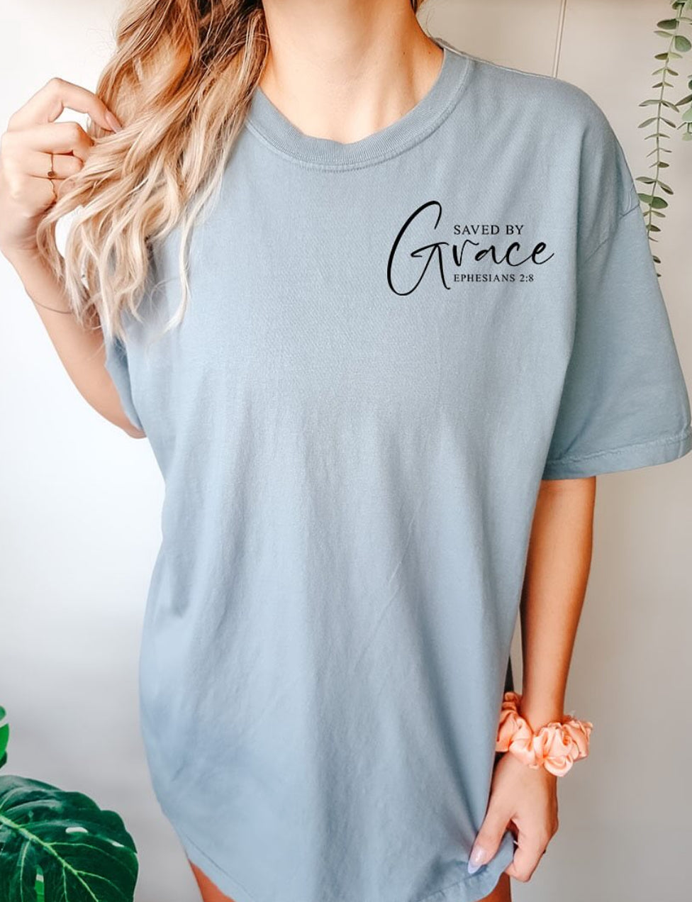 Saved By Grace (pocket) - Adult T-Shirt